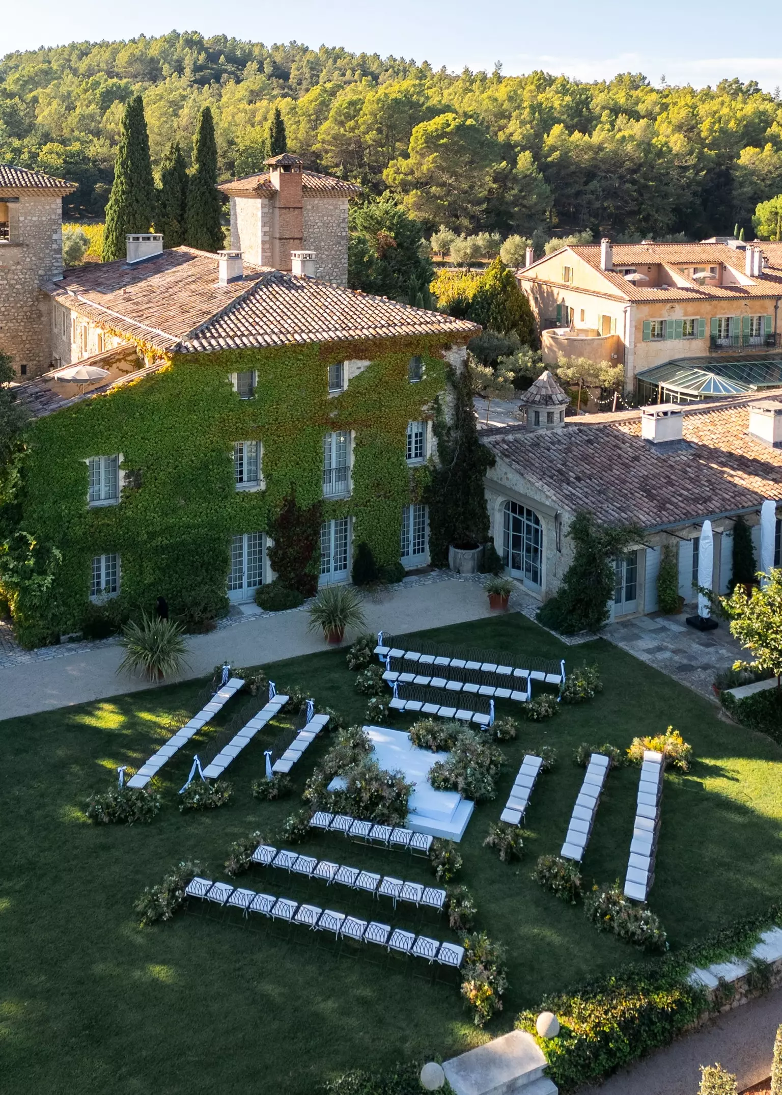 Aerial view of Château de Berne in Provence setting for luxury destination wedding