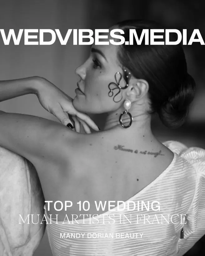 Editorial portrait featured by Wedvibes Media recognizing Mandy Dorian among top wedding makeup artists in France